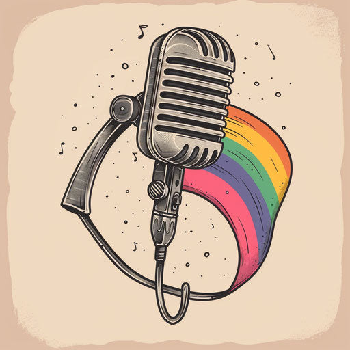 Vintage microphone with pride flag ribbon, flat tattoo sketch for music lovers