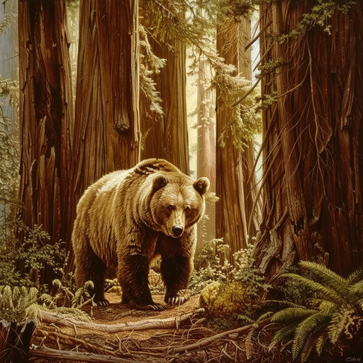 A grizzly bear in a redwood grove, the bear's size emphasized by the ancient giants.