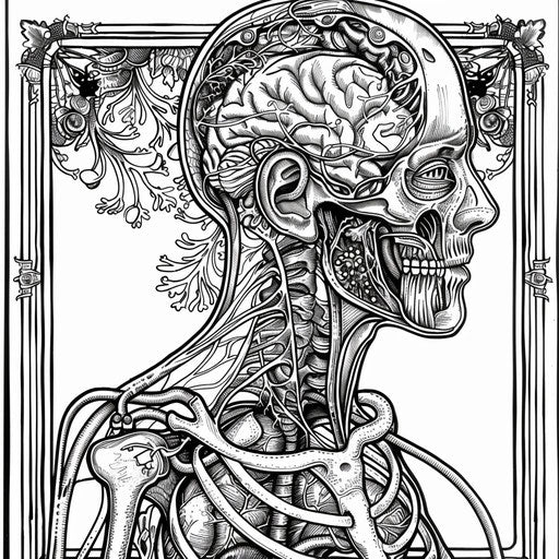 Detailed cross-section of a human body with artistic designs. Coloring book page