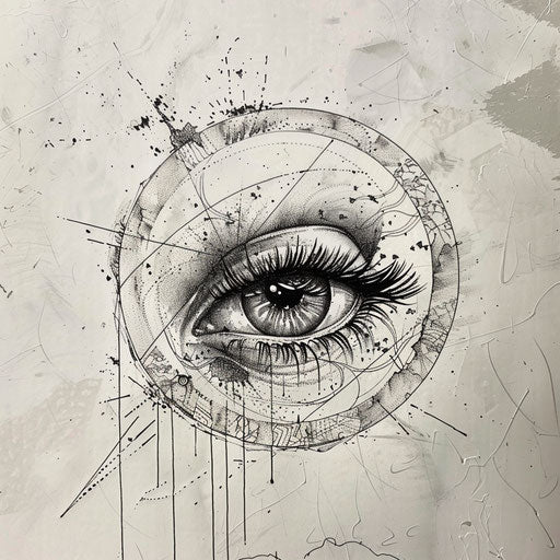 Flat tattoo sketch of a circle containing a detailed eye with lashes
