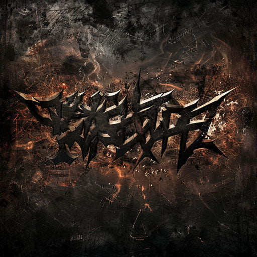 Heavy metal band logo with sharp, aggressive fonts and a dark, smoky background