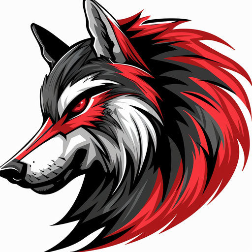 Fierce Spartan wolf, emblem style, red and black shading on white