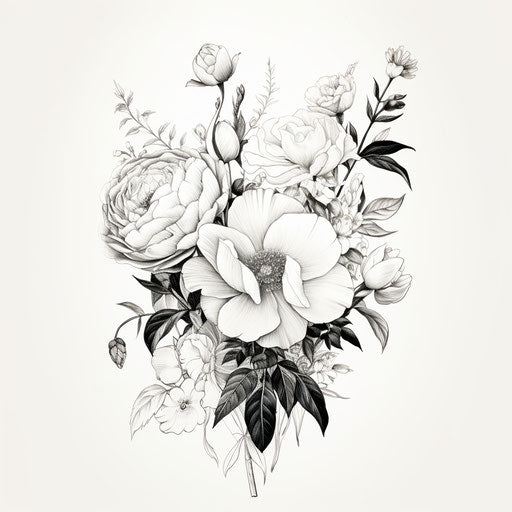 Black and white drawing of a bouquet of flowers, feminine style