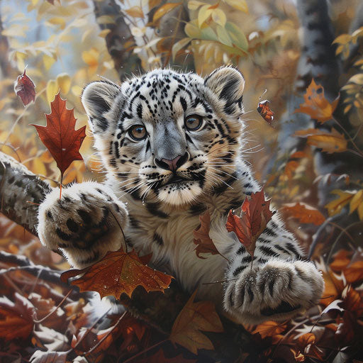 A snow leopard cub playing with autumn leaves in a rare, serene forest setting
