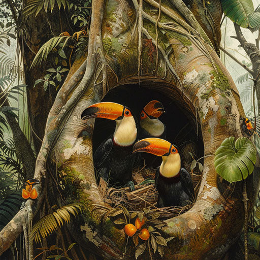 A family of toucan birds nesting in a giant tree of the rainforest