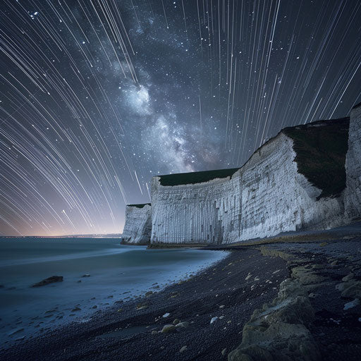 White Cliffs of Dover with star trails in the night sky