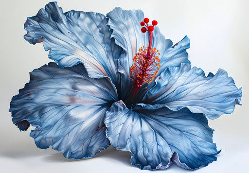 Blue flower with red eyes, in the style of shibori, hyperrealistic