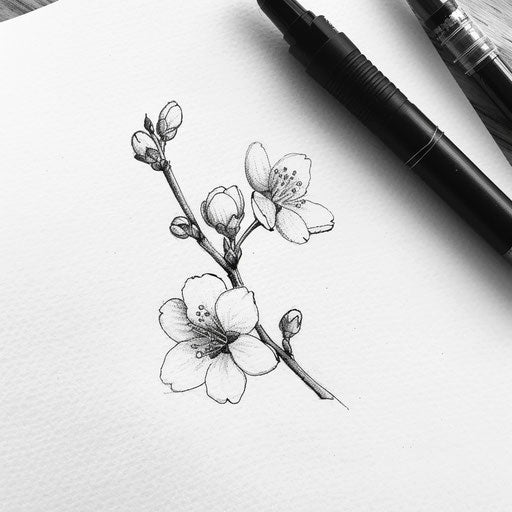 Cherry blossom tattoo in ink on white paper, shaded