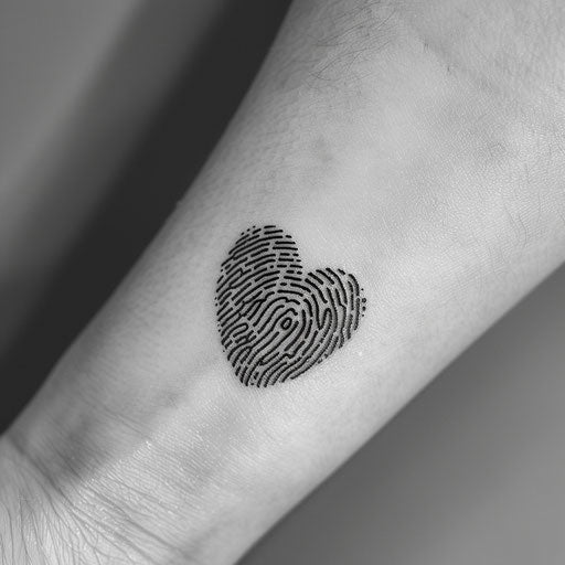 Heart fingerprint tattoo, stark black on white