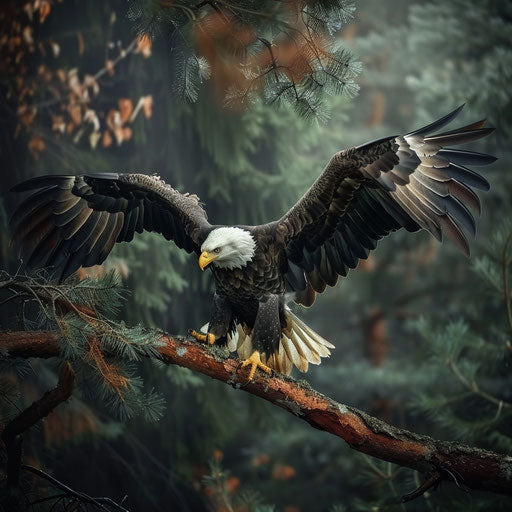 Bald eagle landing on a tree, intense focus