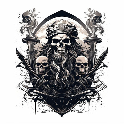 Pirate Skull and Swords Drawing, Monochromatic Graphic Style