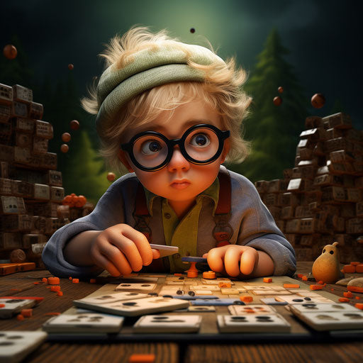 The character with glasses is playing a game, in the style of John Wilhelm, Hergé