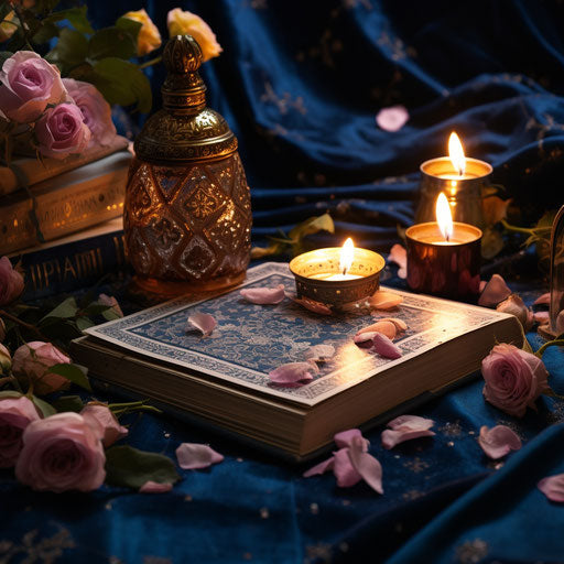 White muslim book, pink flowers, islamic candle on blue carpet
