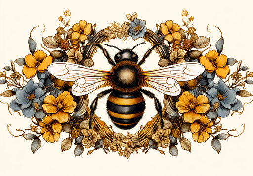 Golden queen bee with crown on flower wreath, ink and color style