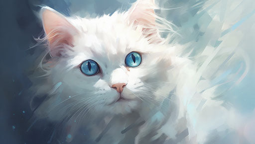 White grey and blue cat staring at camera, light magenta and dark beige style