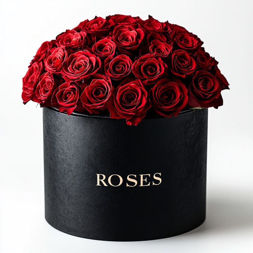 Black round box with red roses, "ROSES" logo, white background