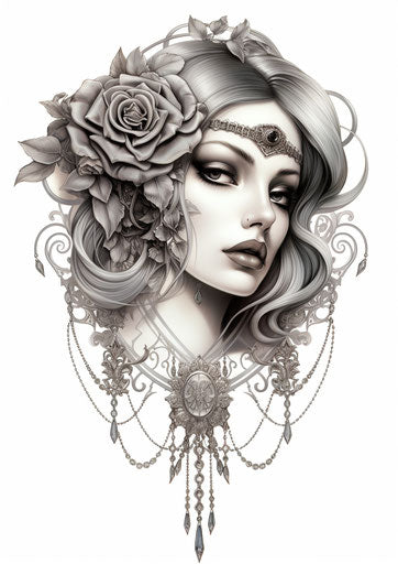 Black white rose tattoo in dark silver emerald style