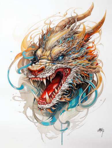 Red dragon on white background, Asian-inspired, colorful moebius