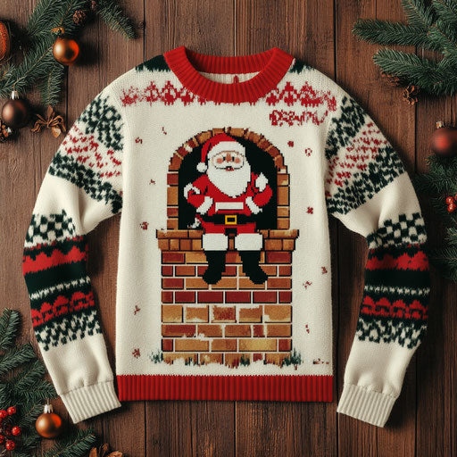 Retro ugly sweater with 3D Santa stuck in a chimney