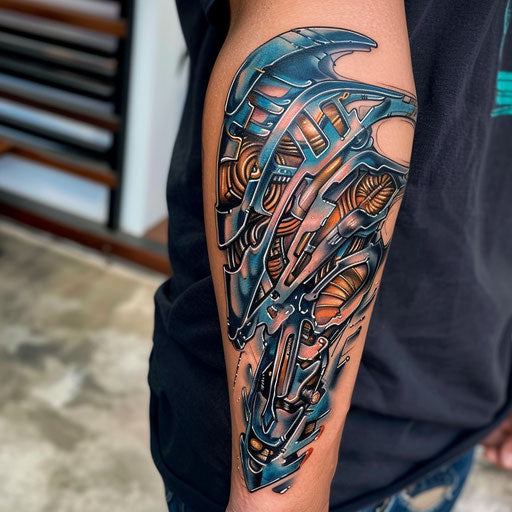 Biomechanical tattoo with futuristic designs