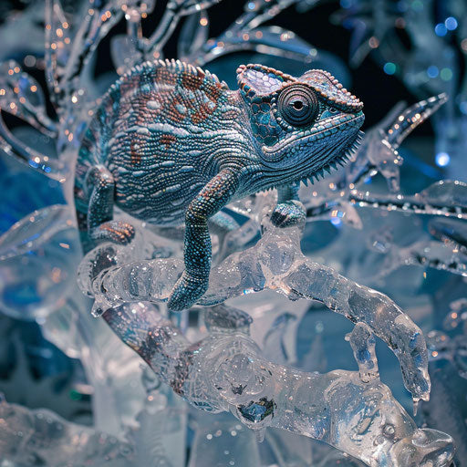 Chameleon in an ice sculpture exhibit
