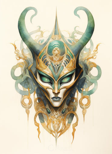 Egyptian mask with horns and eye, light gold and emerald