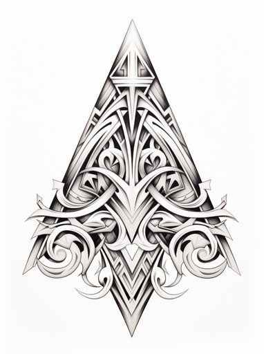 Stylized tribal triangle tattoo, black and silver, famous artists, Maori art