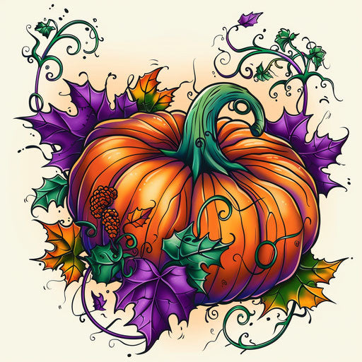 Vibrant and colorful pumpkin sketch with swirling vines