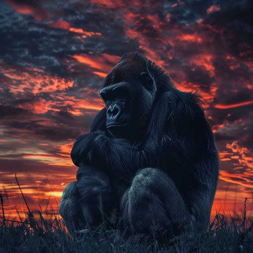 The gorilla in front of a dramatic sunset