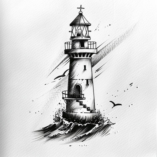 Bold black ink lighthouse sketch on white canvas