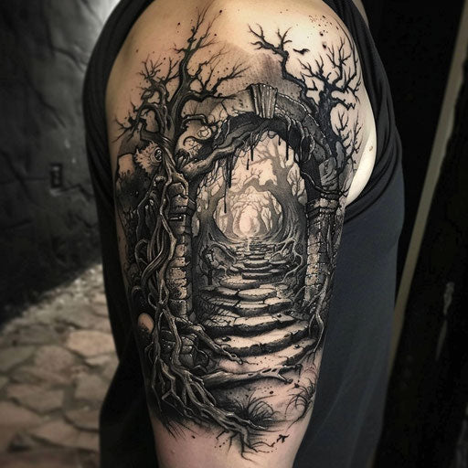 Detailed dark fantasy themed shoulder tattoos for men