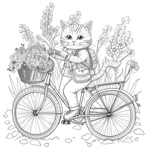 A detailed cartoon cat riding a bike with a basket of flowers