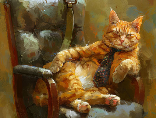 Cat on an office chair with a light orange and maroon tie