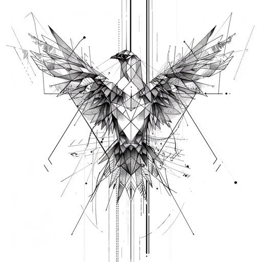 Geometric phoenix rising on pure white background