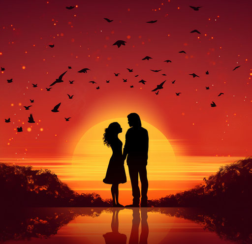 Loving couple at sunset with bird and heart silhouettes