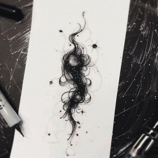 Sketch of cosmic Virgo constellation with swirling galaxies and cosmic dust