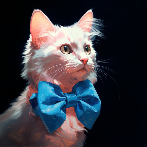 Blue cat with pink bow on black background