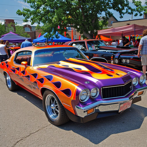Hotrod version of the 1976 Malibu Classic, flames painted on the sides, at a classic car show