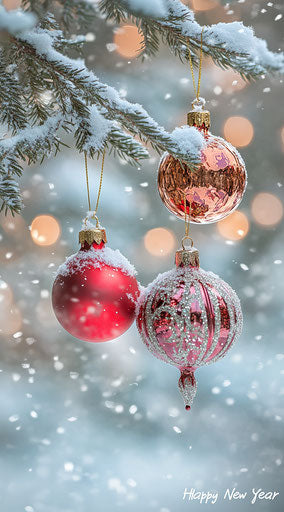 Snow-covered Christmas tree decorations with sparkling lights