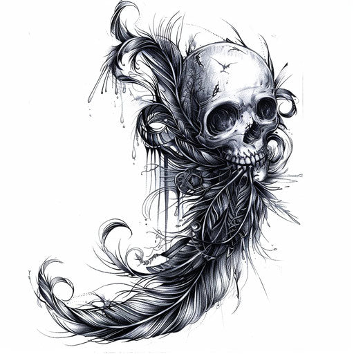 Gothic feather tattoo design with dark elements and skulls on white
