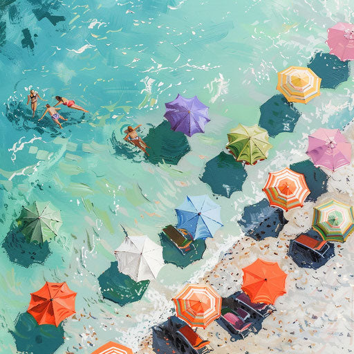 Beach with colorful umbrellas and crystal-clear water