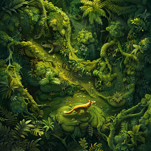 A coyote skillfully navigating the pathways of a dense emerald green rainforest