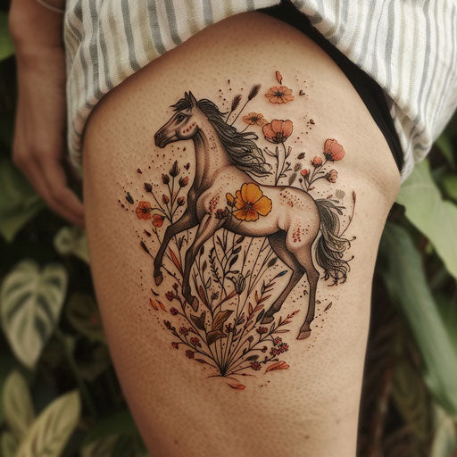 Wildflower tattoo with horse, earthy tones, dynamic pose, nature scene