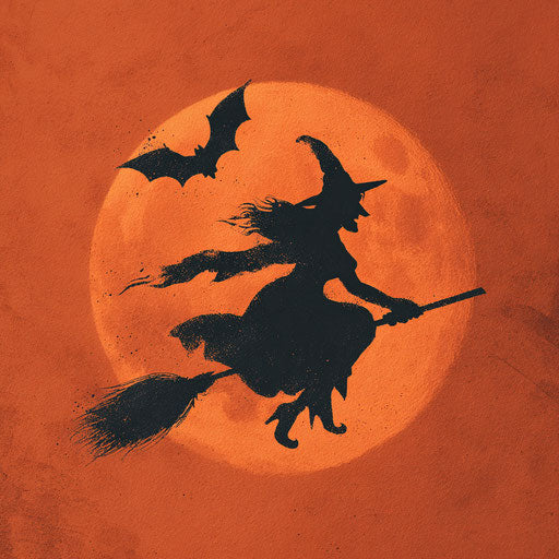 Witch Riding a Broomstick Against an Orange Moon