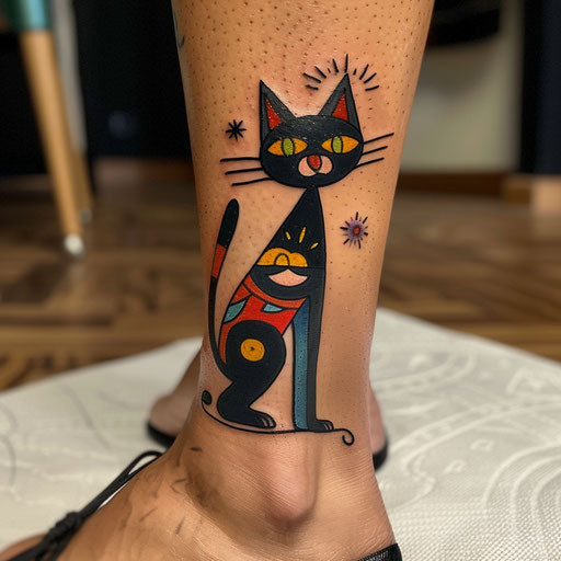 Ankle tattoos in the style of Humberto Ramos with a whimsical cat