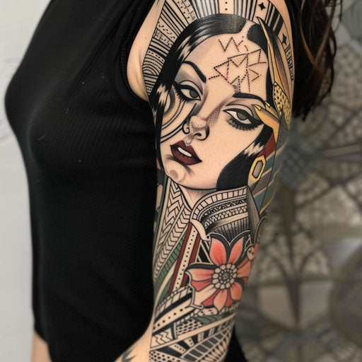 Art deco sleeve tattoo in the style of Steve Sack