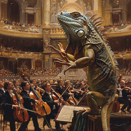 Iguana conducting orchestra with musicians in concert hall