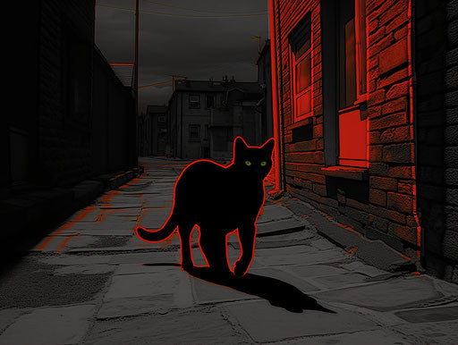Black cat crossing road near stone buildings