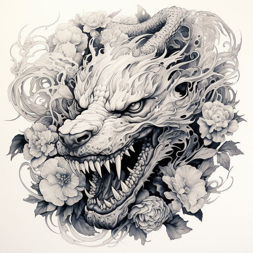 Black and white dragon with flowers, classic tattoo style
