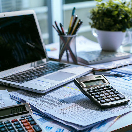 Financial planner's desk with calculator and open laptop
